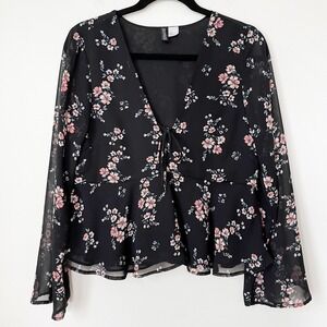H&M Divided Black Floral V-Neck Babydoll Blouse Womens 6 Semi Sheer Cottage